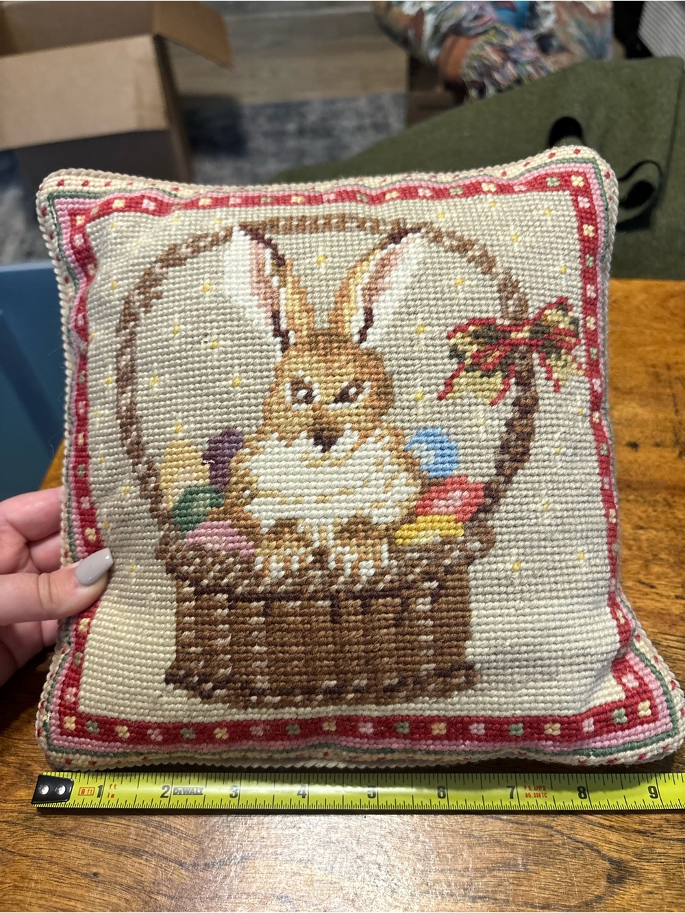 Vintage 100% Wool Needlepoint Rabbit Bunny Pillow Easter Decor